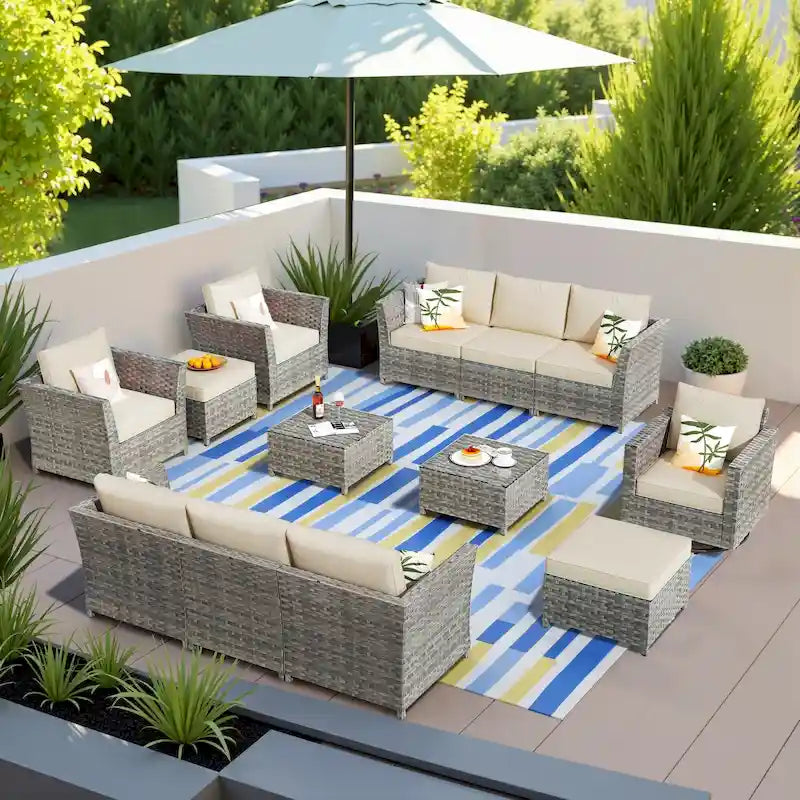 HOOOWOOO Ensemble de Meubles de Jardin Modulables en Rotin de 13 Pièces avec Fauteuil Pivotant