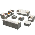 HOOOWOOO Ensemble de Meubles de Jardin Modulables en Rotin de 13 Pièces avec Fauteuil Pivotant