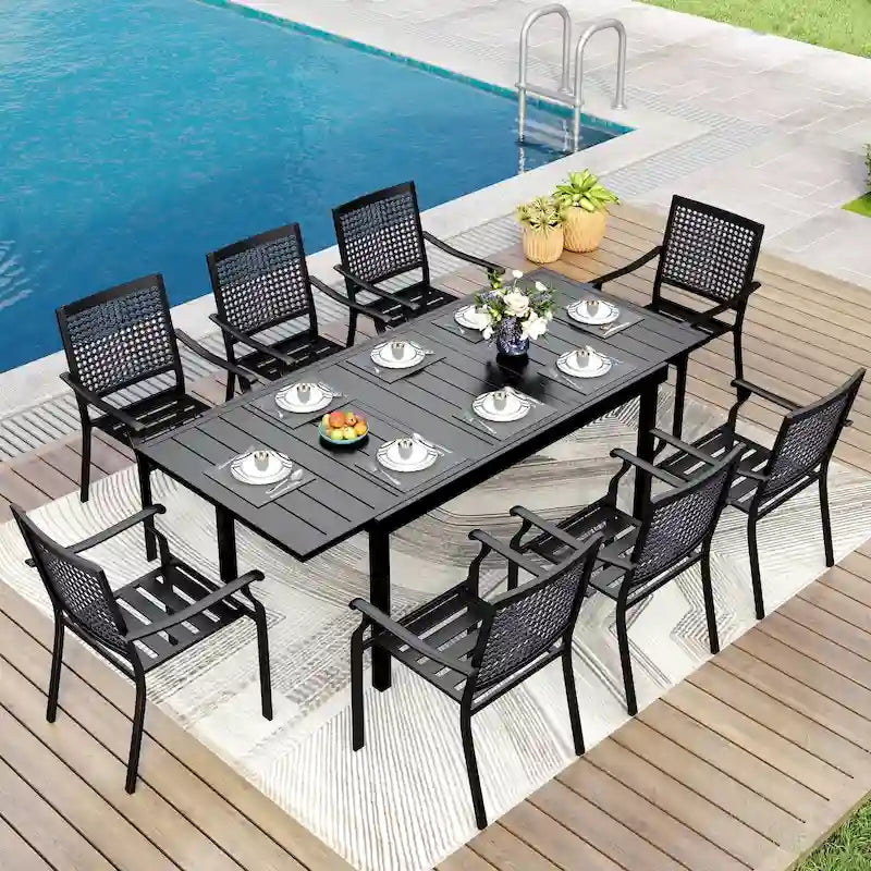MAISON ARTS Ensemble de salle à manger d'extérieur 7/9 pièces avec 6 chaises à motif arrière amélioré en métal thermolaqué et 1 table extensible en métal