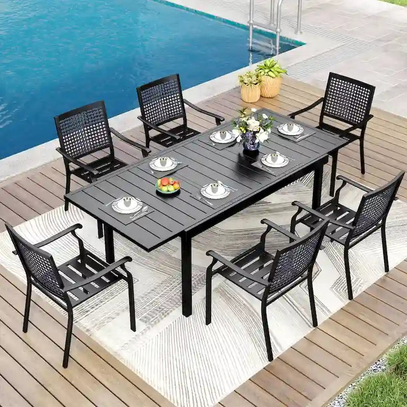 MAISON ARTS Ensemble de salle à manger d'extérieur 7/9 pièces avec 6 chaises à motif arrière amélioré en métal thermolaqué et 1 table extensible en métal