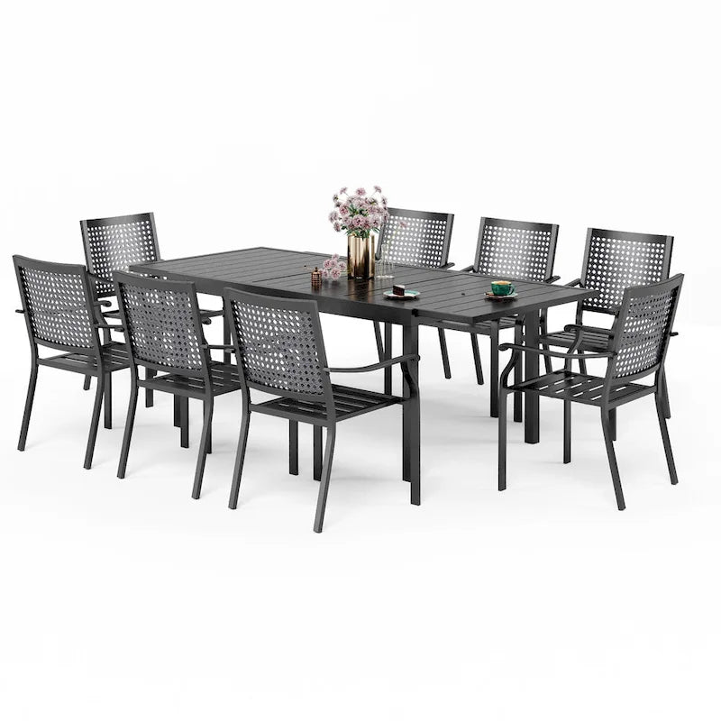 MAISON ARTS Ensemble de salle à manger d'extérieur 7/9 pièces avec 6 chaises à motif arrière amélioré en métal thermolaqué et 1 table extensible en métal