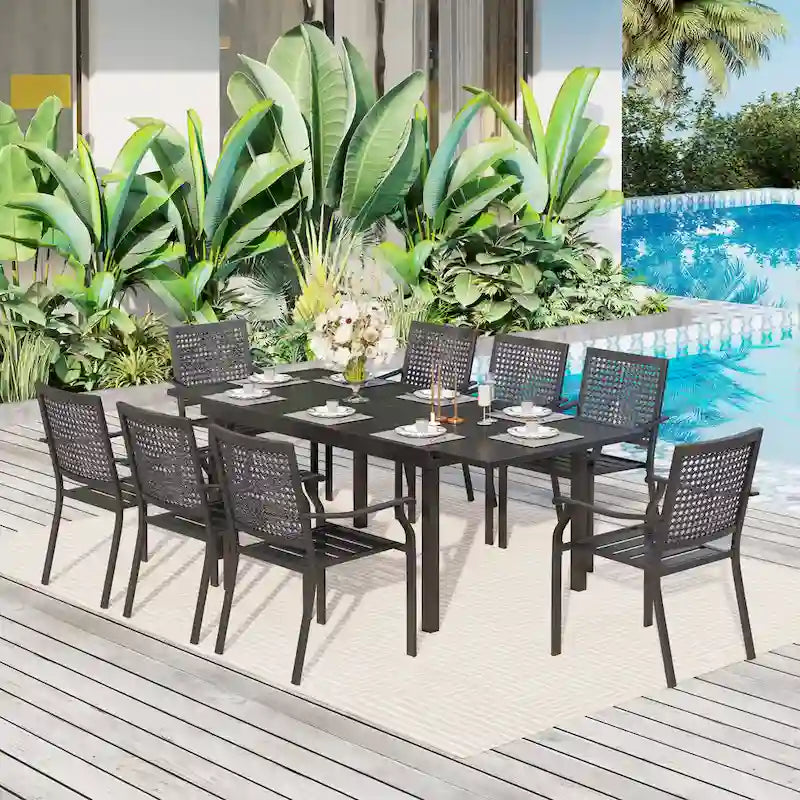 MAISON ARTS Ensemble de salle à manger d'extérieur 7/9 pièces avec 6 chaises à motif arrière amélioré en métal thermolaqué et 1 table extensible en métal