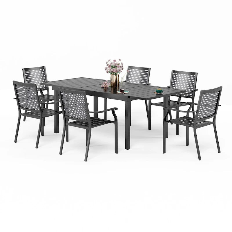 MAISON ARTS Ensemble de salle à manger d'extérieur 7/9 pièces avec 6 chaises à motif arrière amélioré en métal thermolaqué et 1 table extensible en métal
