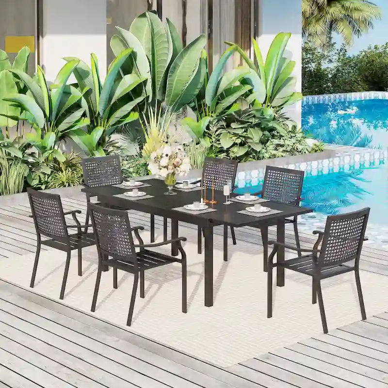 MAISON ARTS Ensemble de salle à manger d'extérieur 7/9 pièces avec 6 chaises à motif arrière amélioré en métal thermolaqué et 1 table extensible en métal