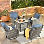 Ensemble de mobilier de patio OVIOS gris en osier 6 pièces avec fauteuil pivotant à bascule et brasero