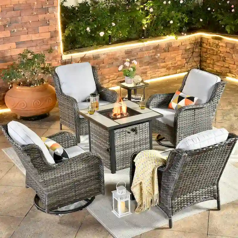 Ensemble de mobilier de patio OVIOS gris en osier 6 pièces avec fauteuil pivotant à bascule et brasero