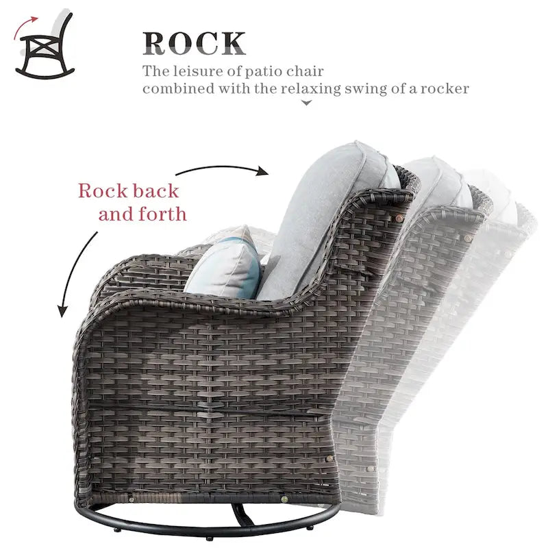 Ensemble de mobilier de patio OVIOS gris en osier 6 pièces avec fauteuil pivotant à bascule et brasero