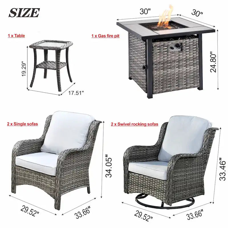 Ensemble de mobilier de patio OVIOS gris en osier 6 pièces avec fauteuil pivotant à bascule et brasero