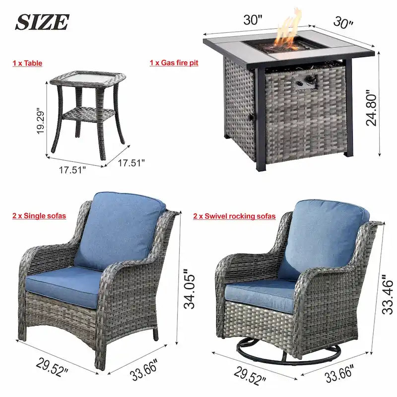 Ensemble de mobilier de patio OVIOS gris en osier 6 pièces avec fauteuil pivotant à bascule et brasero
