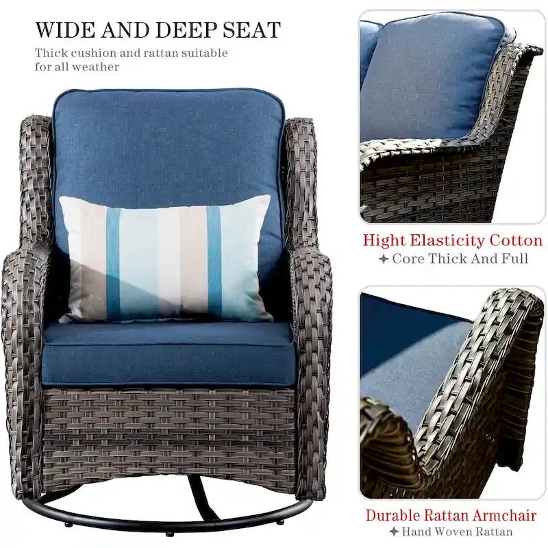 Ensemble de mobilier de patio OVIOS gris en osier 6 pièces avec fauteuil pivotant à bascule et brasero