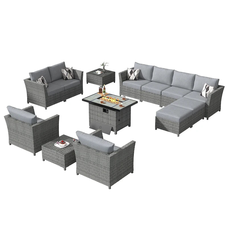 Ensemble de meubles de patio 13 pièces XIZZI avec foyer extérieur en osier
