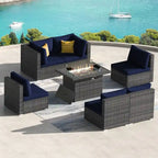 Ensemble de salon de jardin d'extérieur 7 pièces en rotin synthétique avec dossier haut, table brasero et coussins épais FINCATI