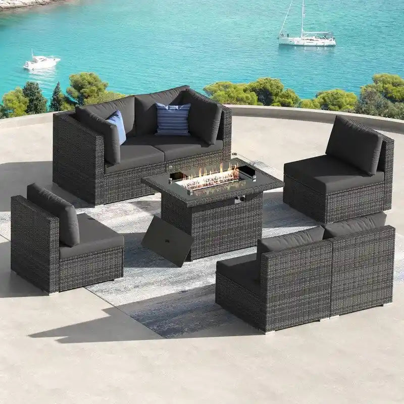 Ensemble de salon de jardin d'extérieur 7 pièces en rotin synthétique avec dossier haut, table brasero et coussins épais FINCATI
