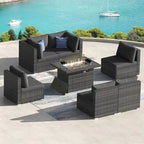 Ensemble de salon de jardin d'extérieur 7 pièces en rotin synthétique avec dossier haut, table brasero et coussins épais FINCATI