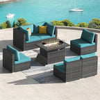 Ensemble de salon de jardin d'extérieur 7 pièces en rotin synthétique avec dossier haut, table brasero et coussins épais FINCATI