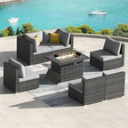 Ensemble de salon de jardin d'extérieur 7 pièces en rotin synthétique avec dossier haut, table brasero et coussins épais FINCATI