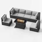Ensemble de salon de jardin d'extérieur 7 pièces en rotin synthétique avec dossier haut, table brasero et coussins épais FINCATI