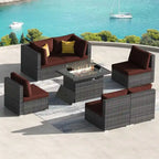 Ensemble de salon de jardin d'extérieur 7 pièces en rotin synthétique avec dossier haut, table brasero et coussins épais FINCATI