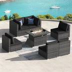 Ensemble de salon de jardin d'extérieur 7 pièces en rotin synthétique avec dossier haut, table brasero et coussins épais FINCATI