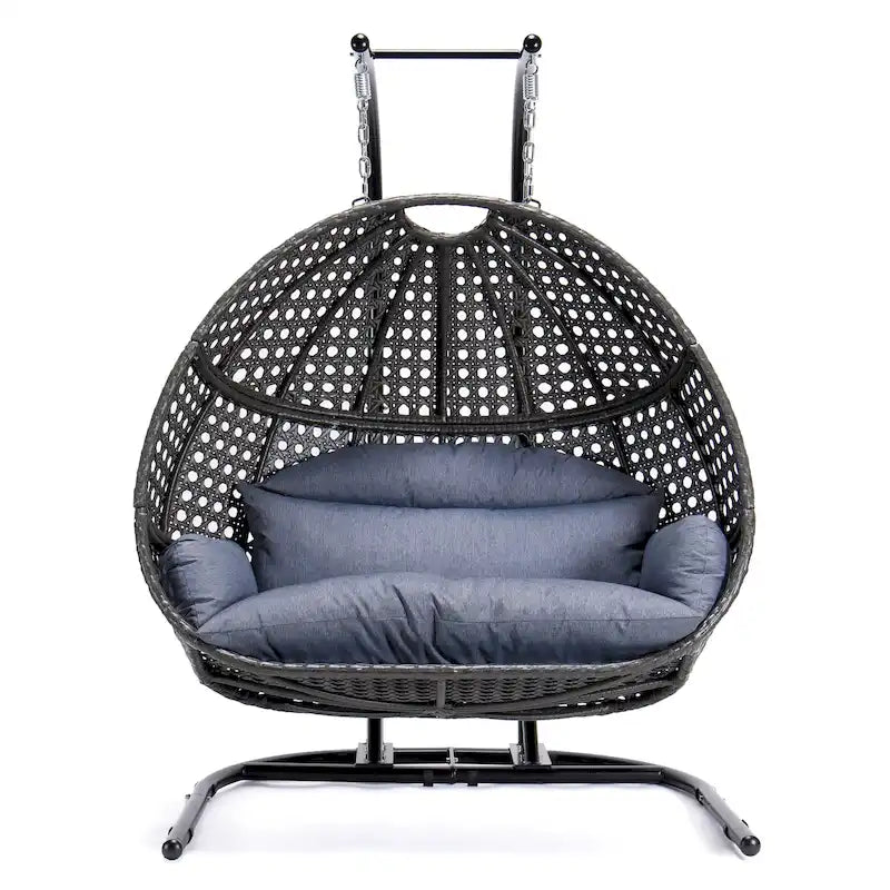 Chaise balançoire double suspendue en osier anthracite avec support et coussin