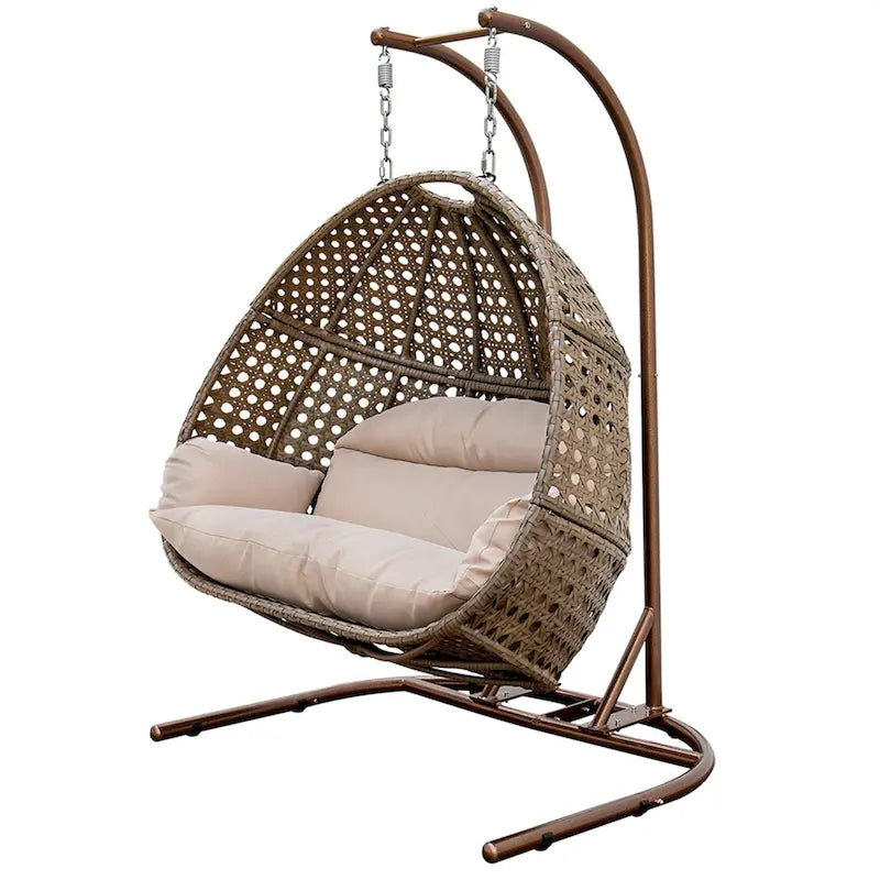 Chaise balançoire double suspendue en osier anthracite avec support et coussin