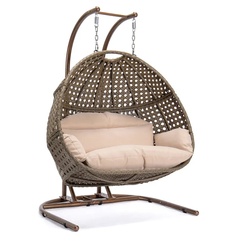 Chaise balançoire double suspendue en osier anthracite avec support et coussin