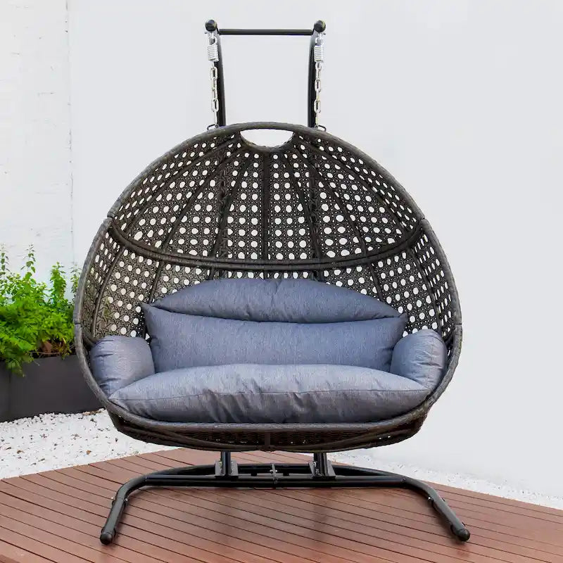 Chaise balançoire double suspendue en osier anthracite avec support et coussin
