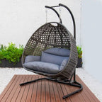 Chaise balançoire double suspendue en osier anthracite avec support et coussin