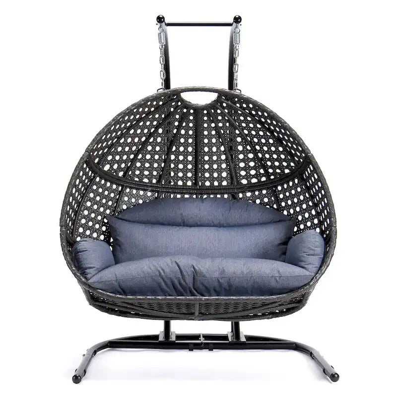 Chaise balançoire double suspendue en osier anthracite avec support et coussin
