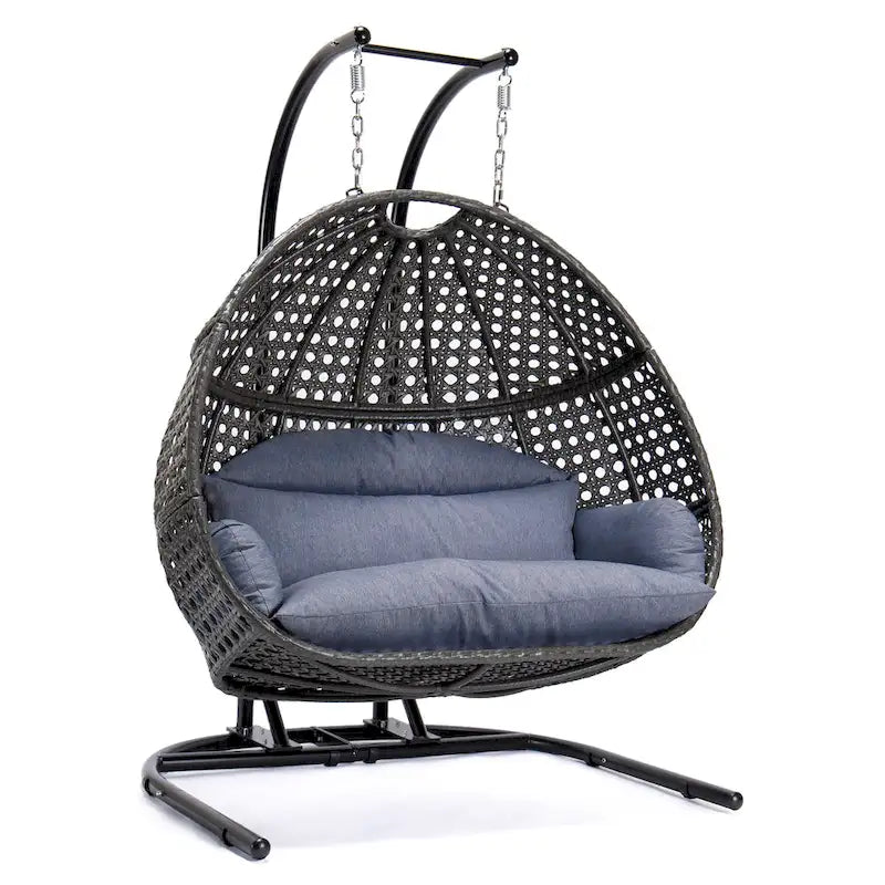 Chaise balançoire double suspendue en osier anthracite avec support et coussin
