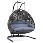 Chaise balançoire double suspendue en osier anthracite avec support et coussin