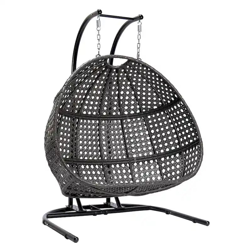 Chaise balançoire double suspendue en osier anthracite avec support et coussin