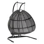 Chaise balançoire double suspendue en osier anthracite avec support et coussin