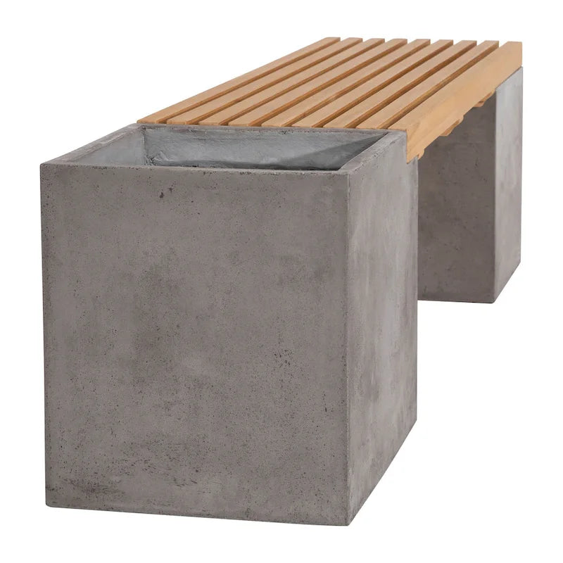 Banc de jardinière Ezra 170 cm d'intérieur/extérieur en béton et teck - S.O.
