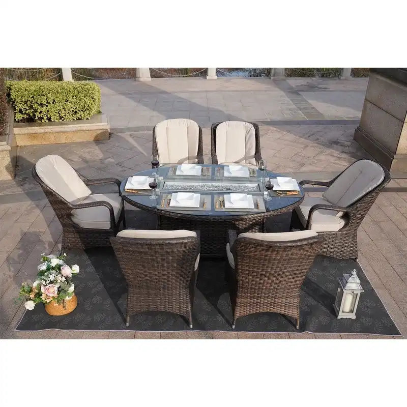 Ensemble de salle à manger ovale de 7 pièces en osier pour l'extérieur avec fauteuils
