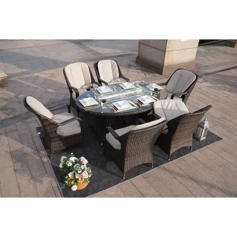 Ensemble de salle à manger ovale de 7 pièces en osier pour l'extérieur avec fauteuils