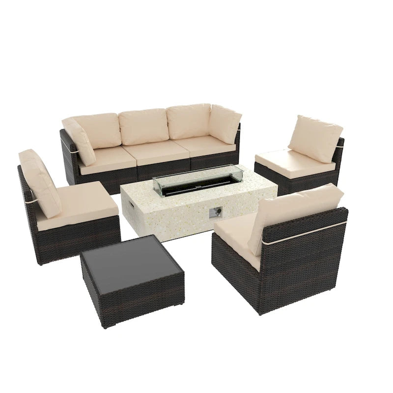 Ensemble de mobilier de patio 8 pièces UPHA avec table de foyer en béton au propane, ensemble de canapé sectionnel d'extérieur