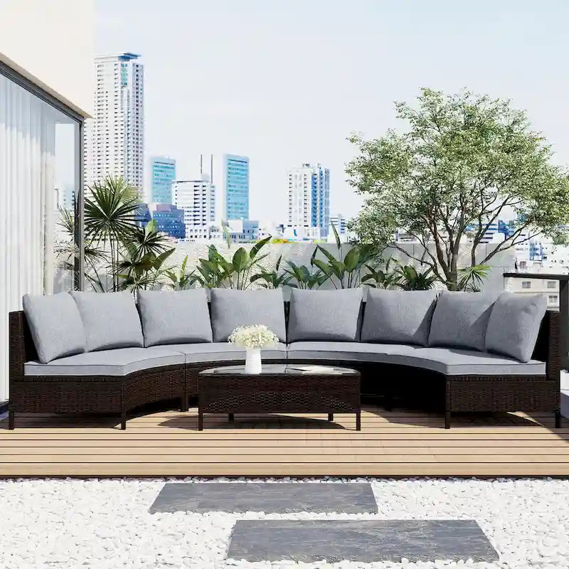 Ensemble de canapés de jardin modulables en rotin, demi-lune, avec coussins et table