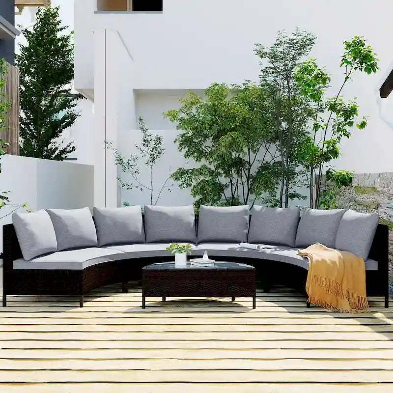 Ensemble de canapés de jardin modulables en rotin, demi-lune, avec coussins et table