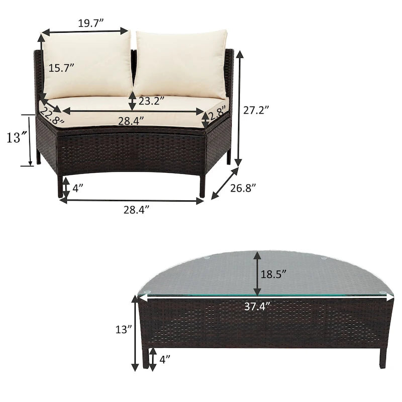 Ensemble de canapés de jardin modulables en rotin, demi-lune, avec coussins et table