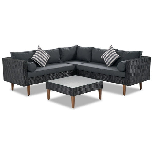 Ensemble de canapé d'angle en osier 4 pièces pour terrasse extérieure avec oreillers