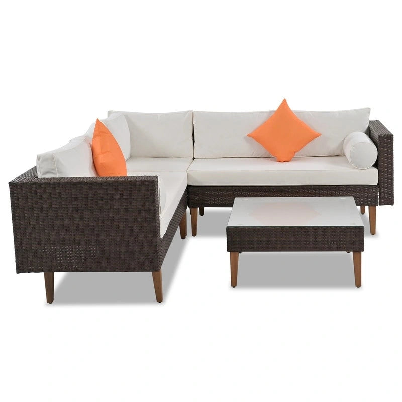 Ensemble de canapé d'angle en osier 4 pièces pour terrasse extérieure avec oreillers