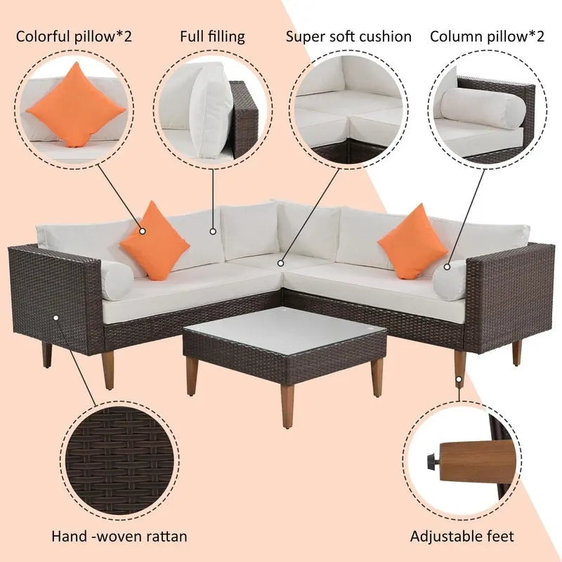 Ensemble de canapé d'angle en osier 4 pièces pour terrasse extérieure avec oreillers