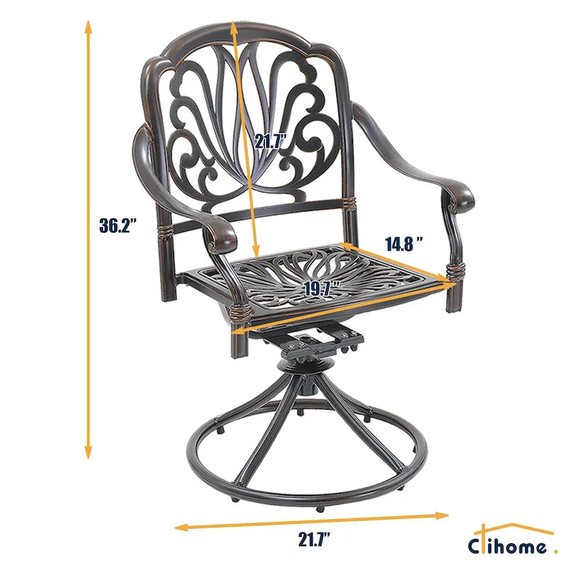 Ensemble de salle à manger de patio en fonte d'aluminium 5 pièces avec 4 chaises pivotantes