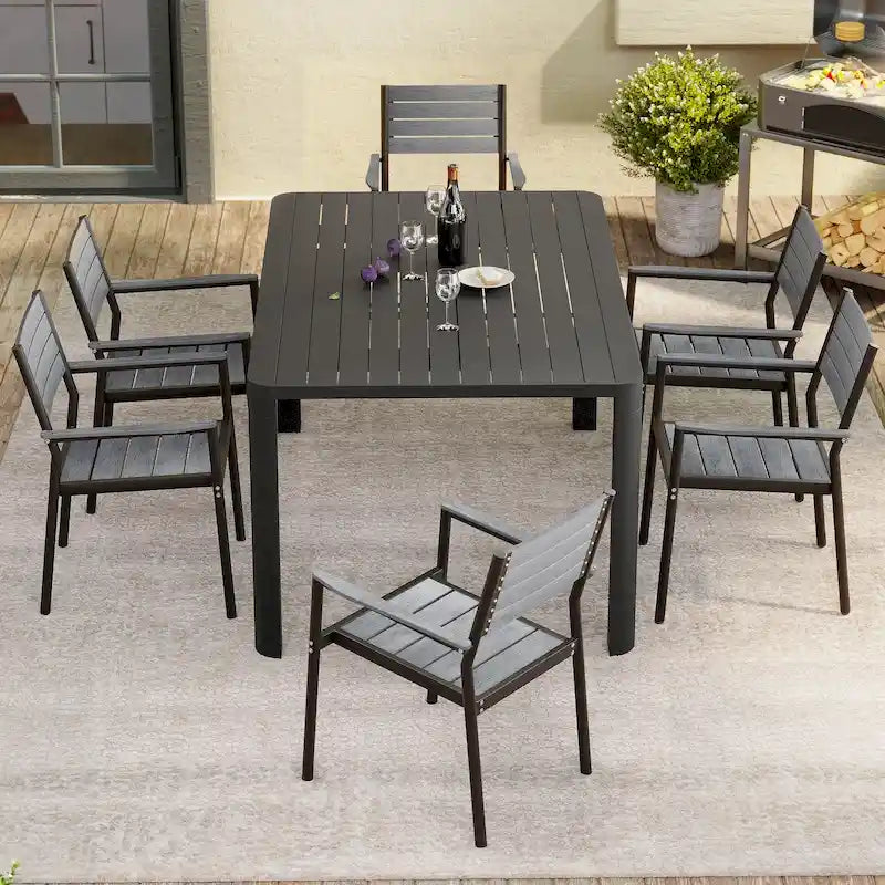 Mobilier de salle à manger d'extérieur : table extensible avec rallonge, chaises empilables, aluminium - Voir photo