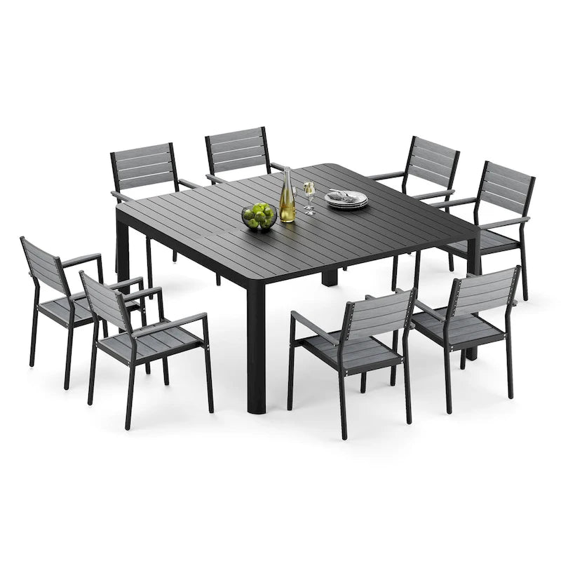 Mobilier de salle à manger d'extérieur : table extensible avec rallonge, chaises empilables, aluminium - Voir photo
