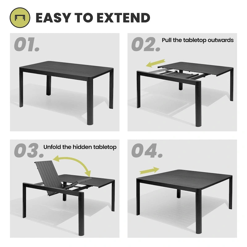 Mobilier de salle à manger d'extérieur : table extensible avec rallonge, chaises empilables, aluminium - Voir photo
