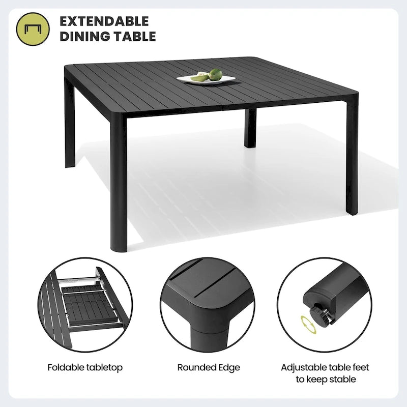 Mobilier de salle à manger d'extérieur : table extensible avec rallonge, chaises empilables, aluminium - Voir photo