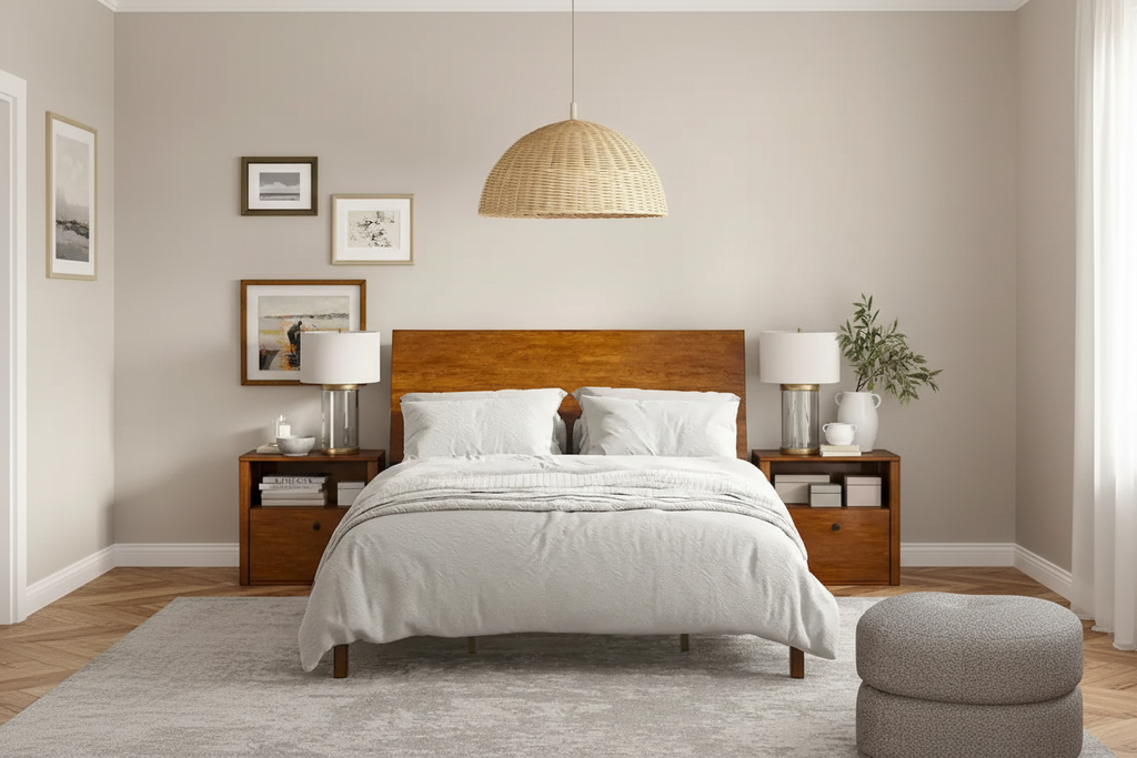 Lit plateforme mi-century moderne en bois massif avec ports USB et espace de rangement