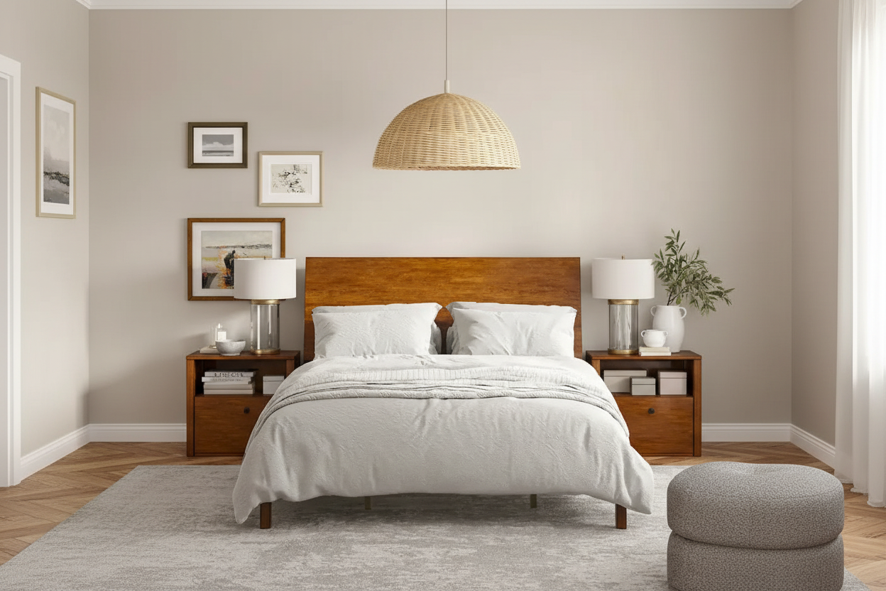Lit plateforme mi-century moderne en bois massif avec ports USB et espace de rangement